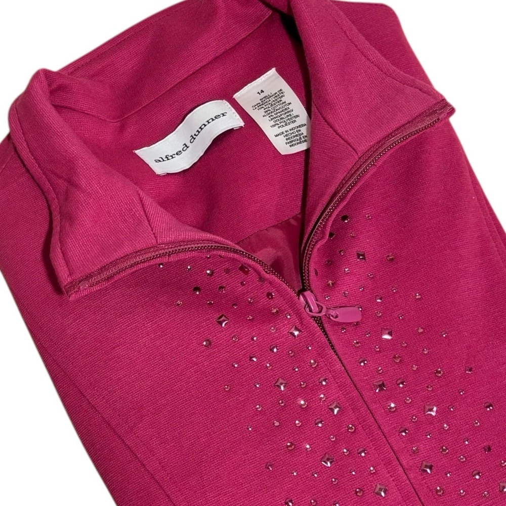 Alfred Dunner Zip Up Jacket‎ Pink Rhinestone Knit Cotton Blend Lined Size 14
